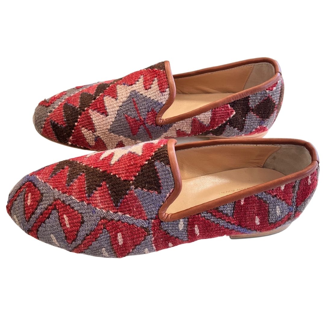 Men's Turkish Kilim Loafers | Red with Lavender & Black Pattern-Ocelot Market