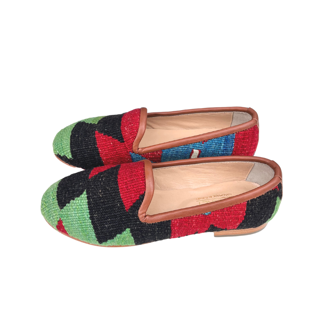 Women's Turkish Kilim Loafer | Green, Black & Red Zig Zag-Ocelot Market