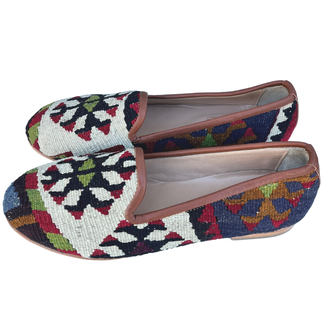 Women's Turkish Kilim Loafers | Cream with Red & Black Pattern-Ocelot Market