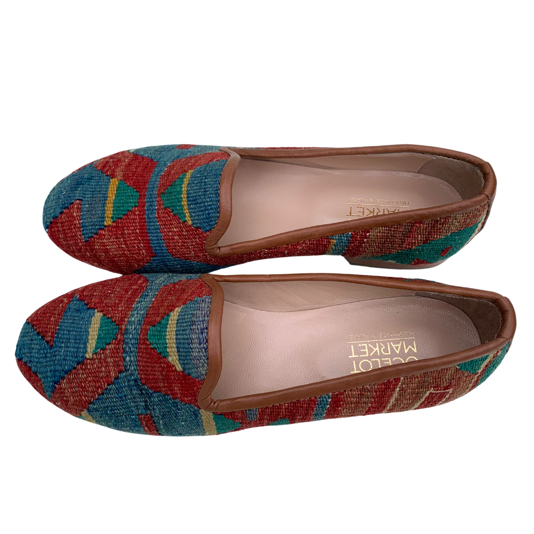 Women's Turkish Kilim Loafers Red & Blue Pattern-Ocelot Market