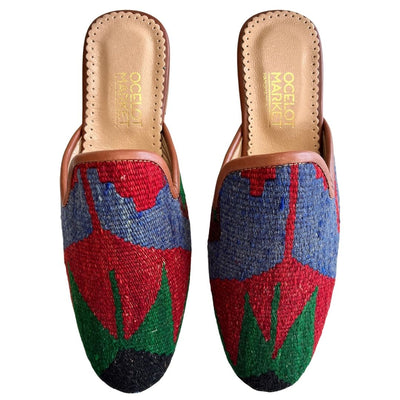 Women's Turkish Kilim Mules | Red with Green, Black & Blue