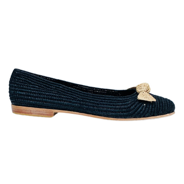 Raffia Ballet Flats (Black) with Natural Bow Tie