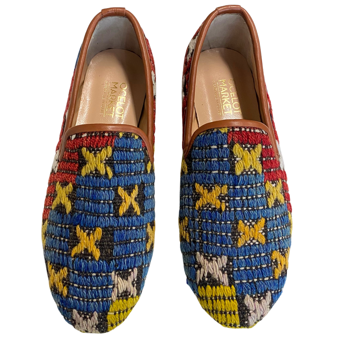 Men's Turkish Kilim Loafers | Blue with Yellow & Red