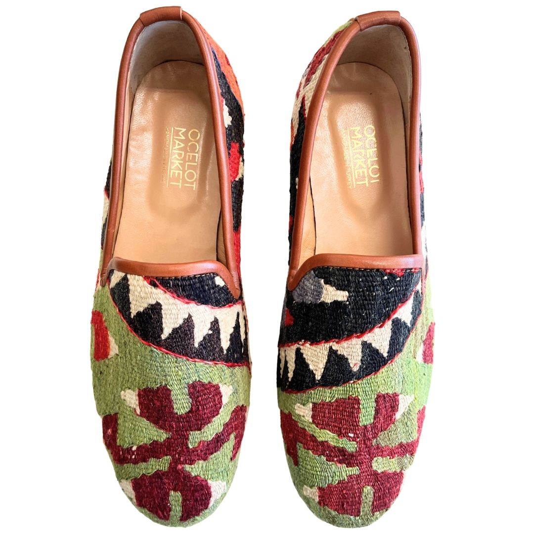 Men's Turkish Kilim Loafers | Light Green with Red Pattern