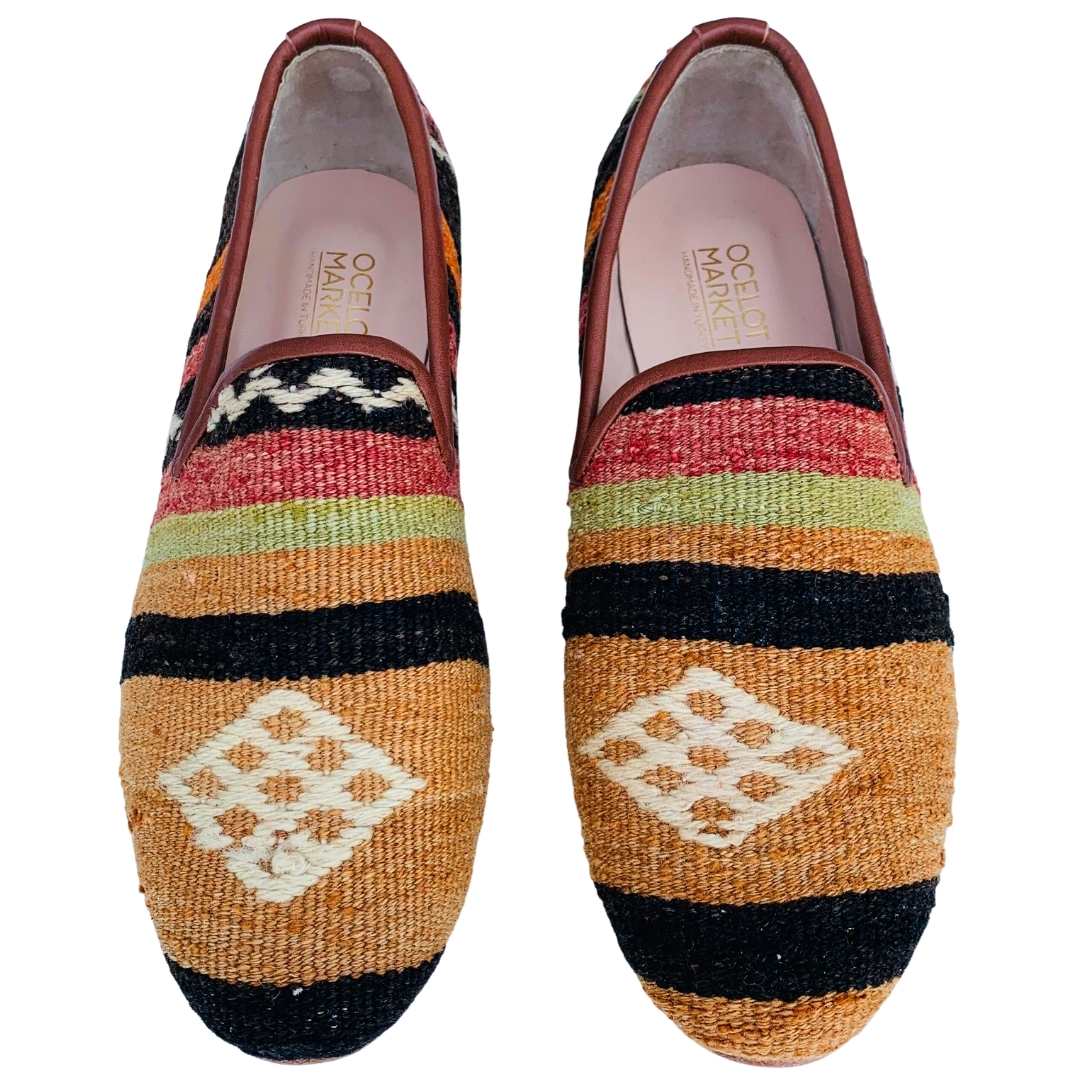 Men's Turkish Kilim Loafers | Orange with Black Stripes