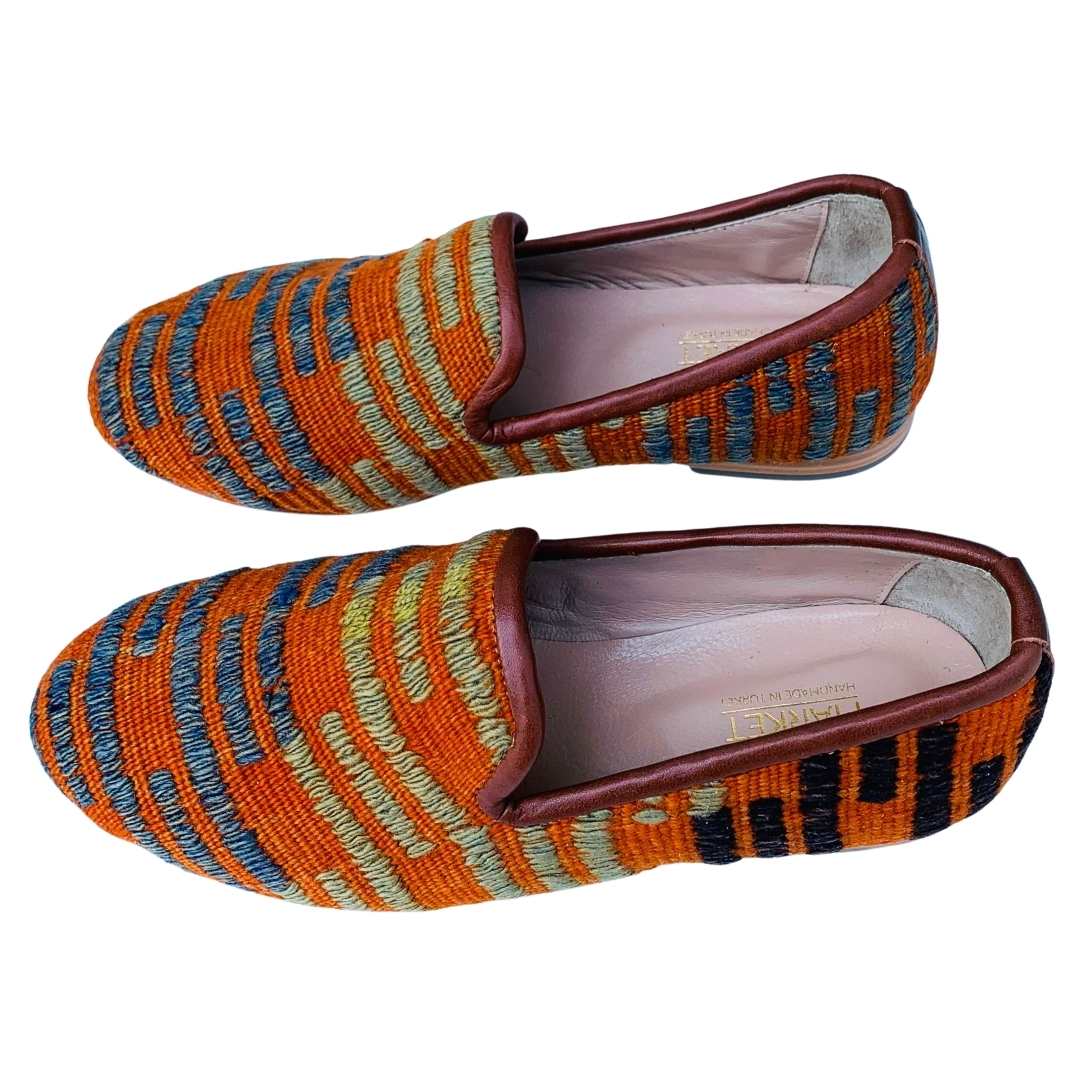 Men's Turkish Kilim Loafers | Orange with Green & Blue Accents
