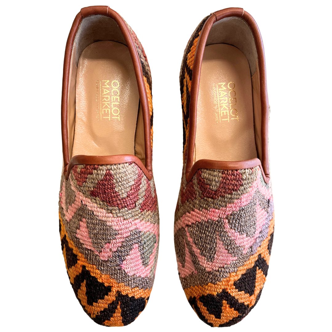 Men's Turkish Kilim Loafers | Pink, Grey & Brown Pattern