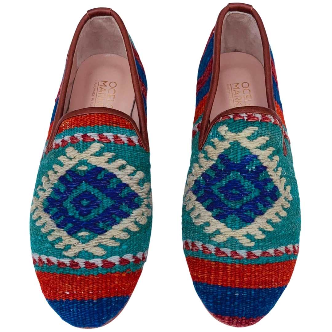 Men's Turkish Kilim Loafers | Teal with Pattern
