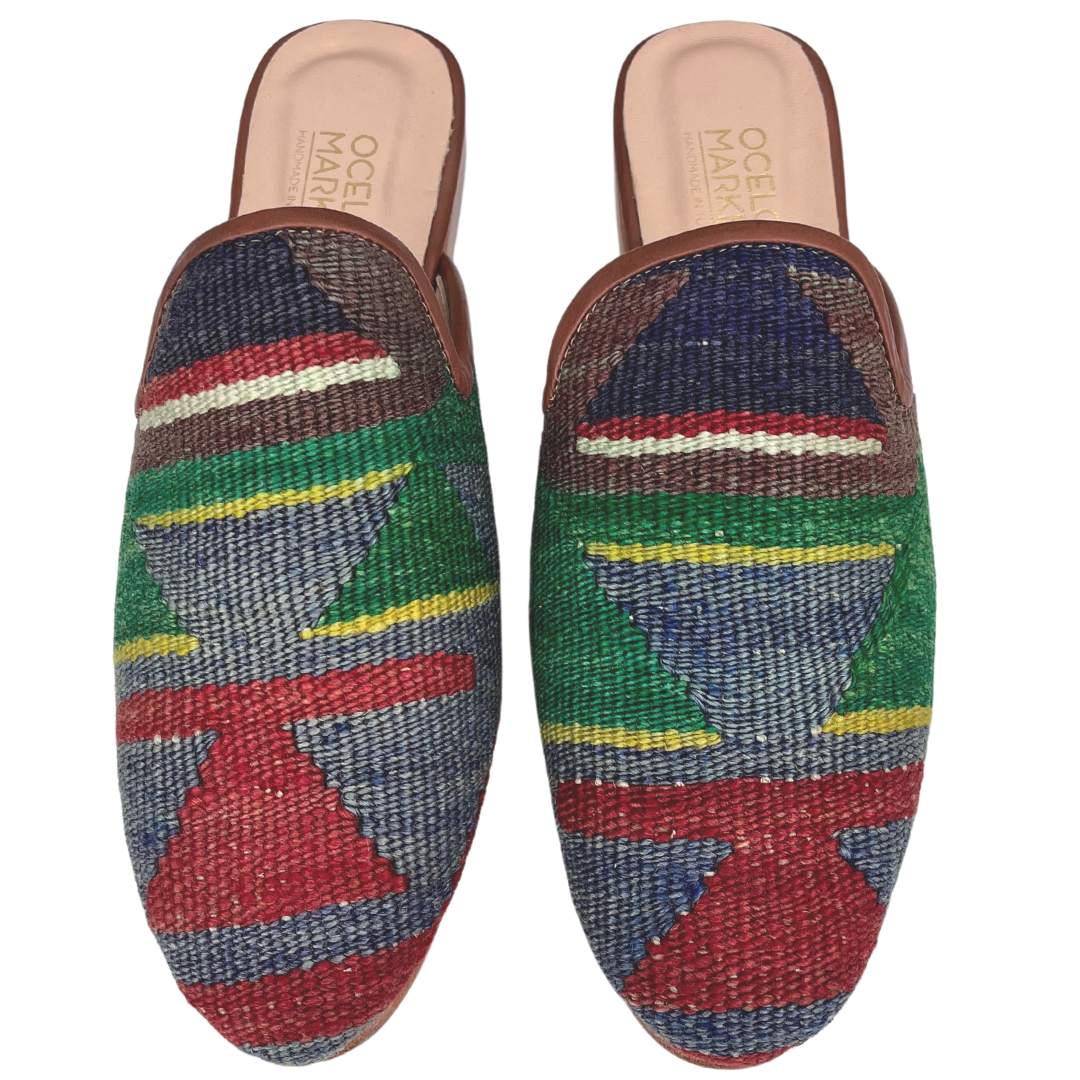 Men's Turkish Kilim Mule Blue, Green and Red