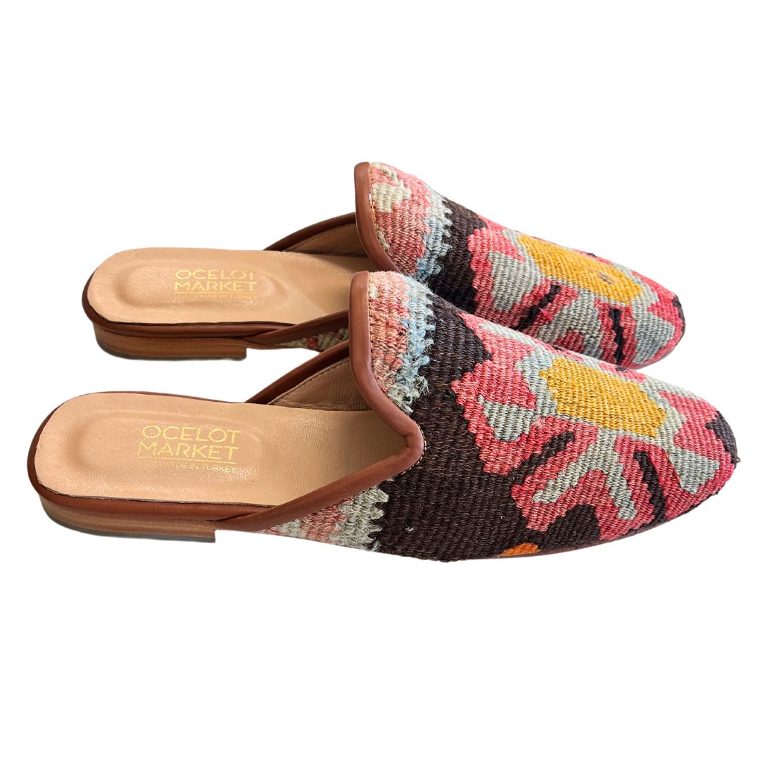 Men's Turkish Kilim Mules | Muted Red & Mint with Gold Pattern