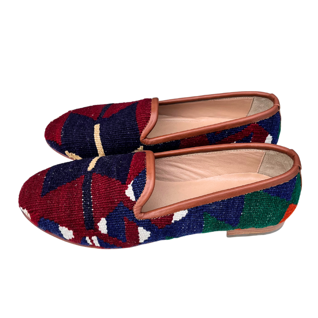 Women's Turkish Kilim Loafer Red & Black with Blue