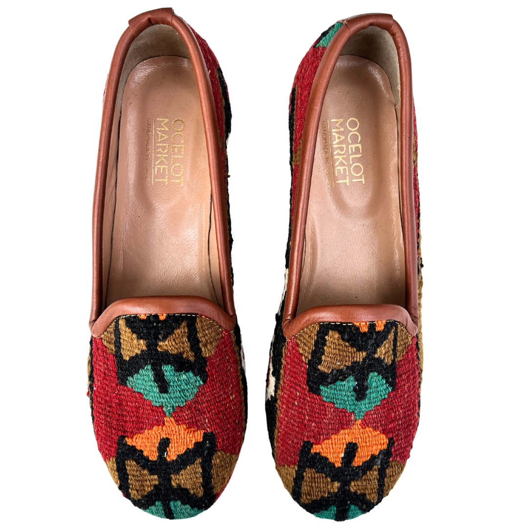 Women's Turkish Kilim Loafer Red with Gold & Green