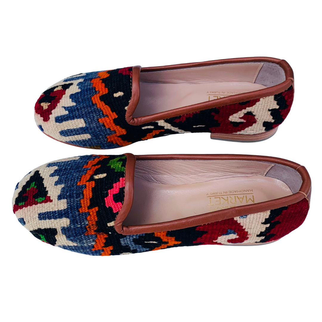 Women's Turkish Kilim Loafers | Blue & Orange Pattern