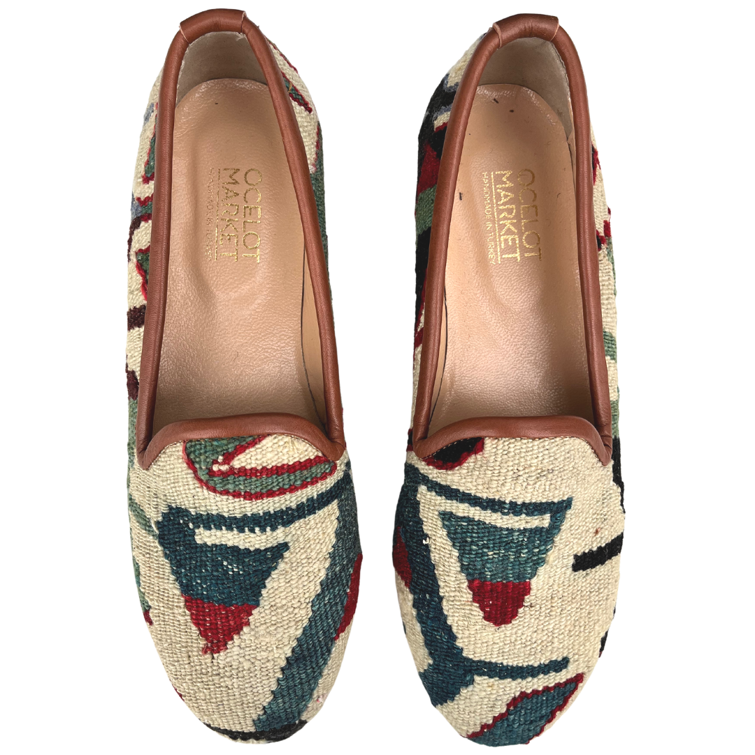 Women's Turkish Kilim Loafers | Cream with Green Pattern