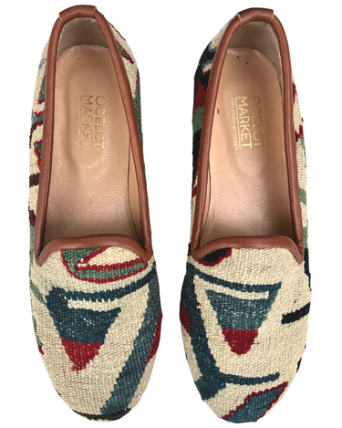Women's Turkish Kilim Loafers | Cream with Green Pattern-Ocelot Market