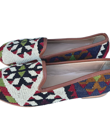 Women's Turkish Kilim Loafers | Cream with Red & Black Pattern-Ocelot Market