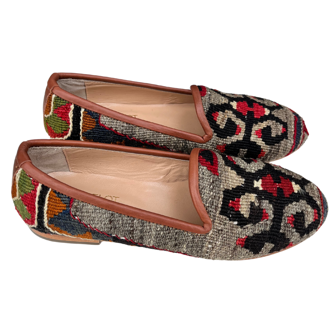 Women's Turkish Kilim Loafers | Grey with Black & Red Pattern