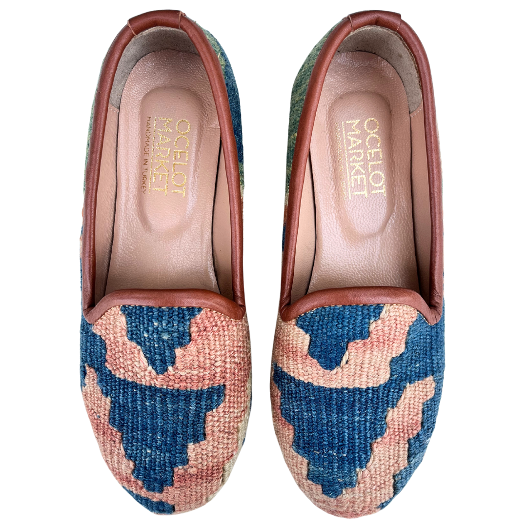 Women's Turkish Kilim Loafers Muted Pink & Blue