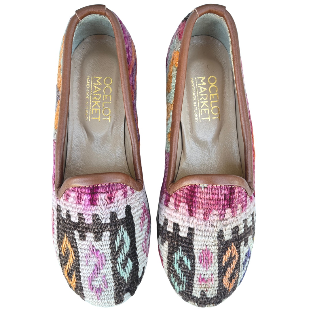 Women's Turkish Kilim Loafers Pinks with Brown
