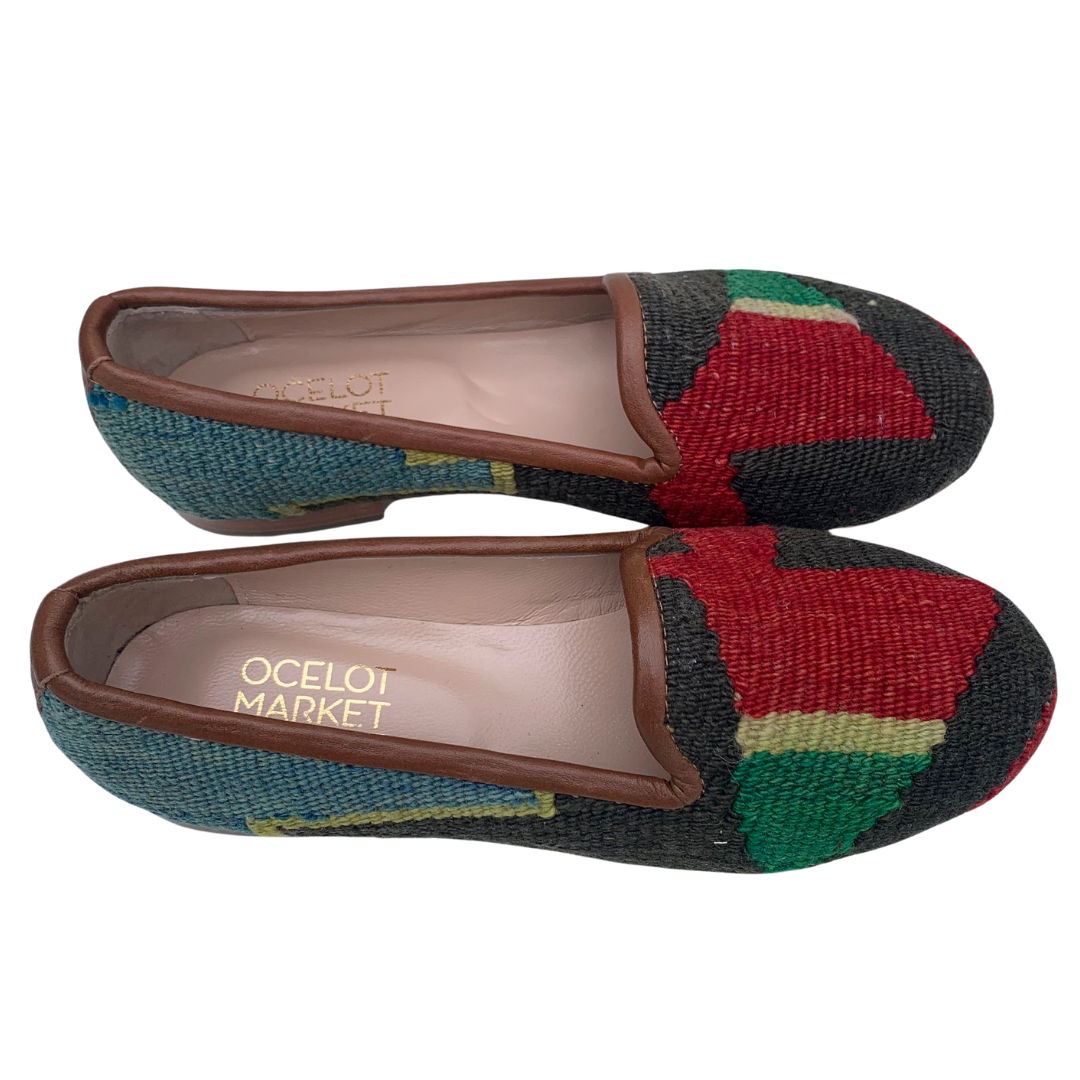 Women's Turkish Kilim Loafers Red & Black with Green