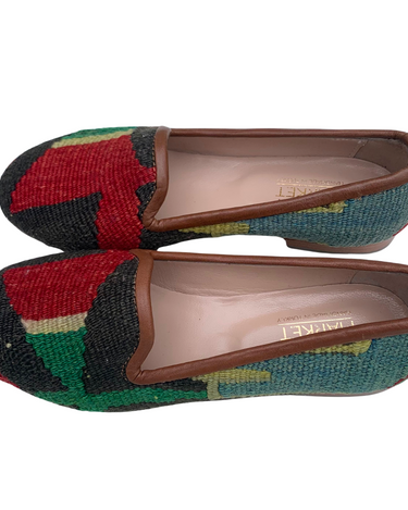 Women's Turkish Kilim Loafers Red & Black with Green-Ocelot Market