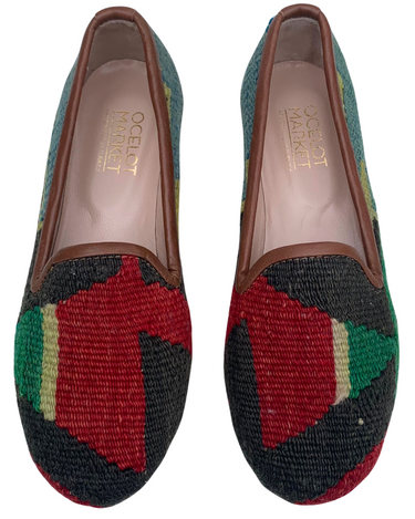 Women's Turkish Kilim Loafers Red & Black with Green-Ocelot Market