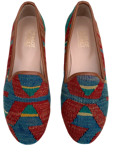 Women's Turkish Kilim Loafers Red & Blue Pattern-Ocelot Market