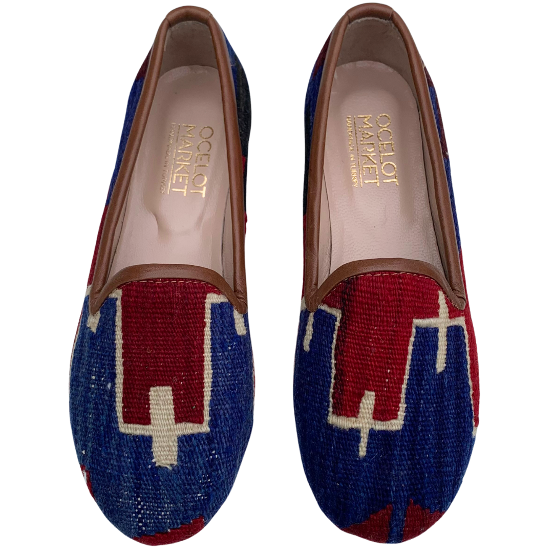 Women's Turkish Kilim Loafers Red with Blue