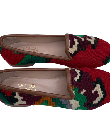 Women's Turkish Kilim Loafers Red with Cream & Green Pattern-Ocelot Market