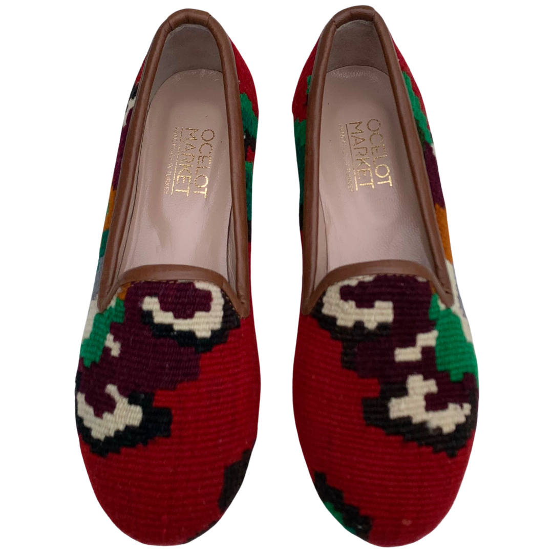 Women's Turkish Kilim Loafers Red with Cream & Green Pattern