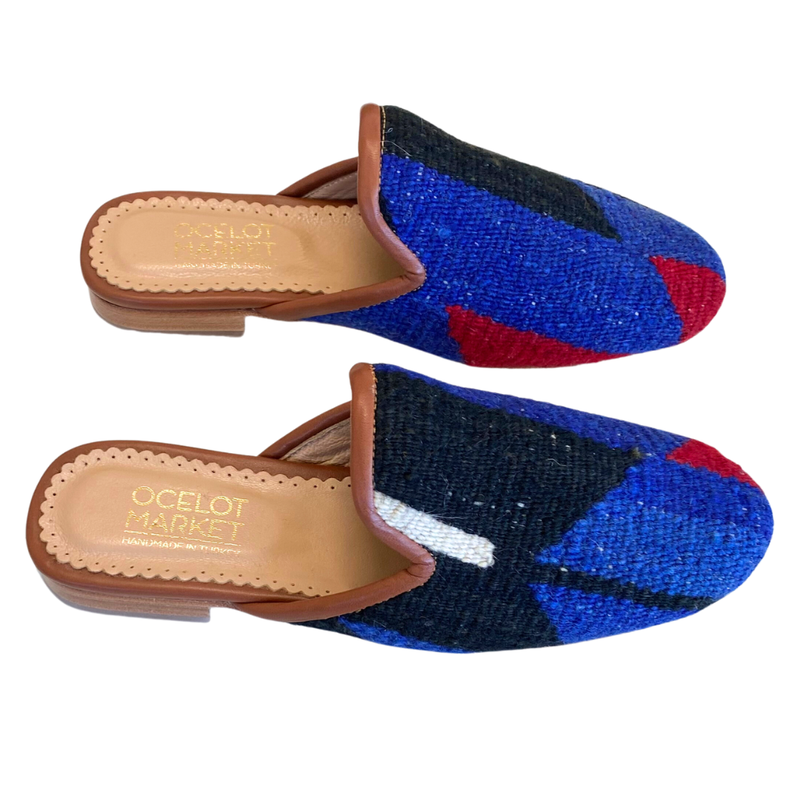 Women's Turkish Kilim Mule Blue & Black with Red