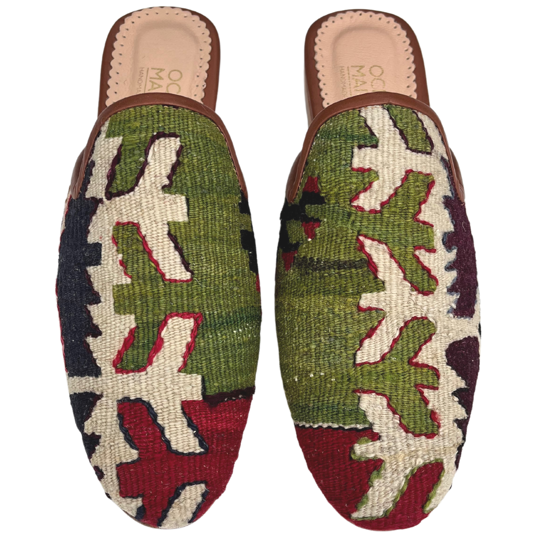 Women's Turkish Kilim Mule Light Green and Red