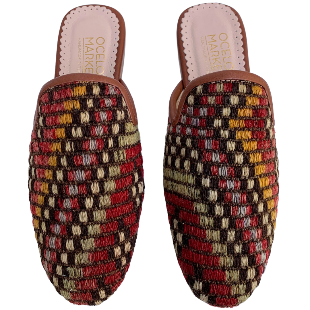 Women's Turkish Kilim Mules | Red with Pattern
