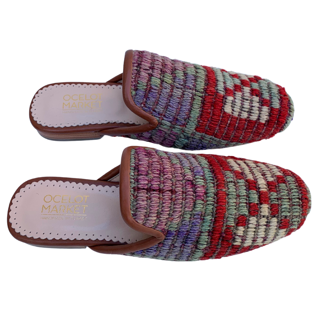 Women's Turkish Kilim Mules | Red with Pattern