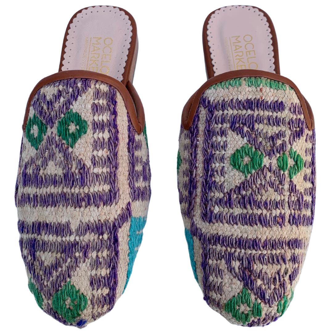 Women's Turkish Kilim Mules | Tan with Lavender Pattern-Ocelot Market