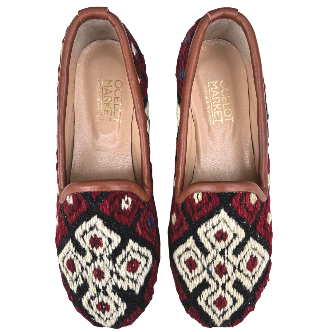 Women's Turkish Kilim Loafers | Red with Cream Pattern