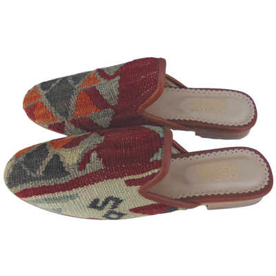 Women's Turkish Kilim Mule Red with Grey