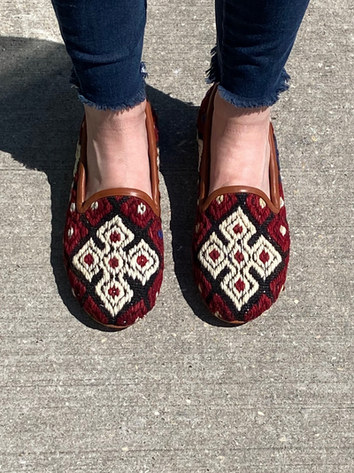 Women's Turkish Kilim Loafers | Red with Cream Pattern