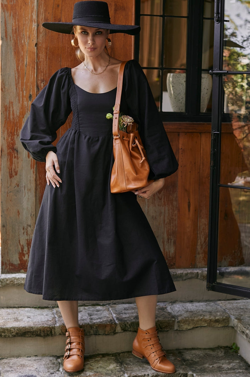 Alila Smocked Linen Midi Dress in Black
