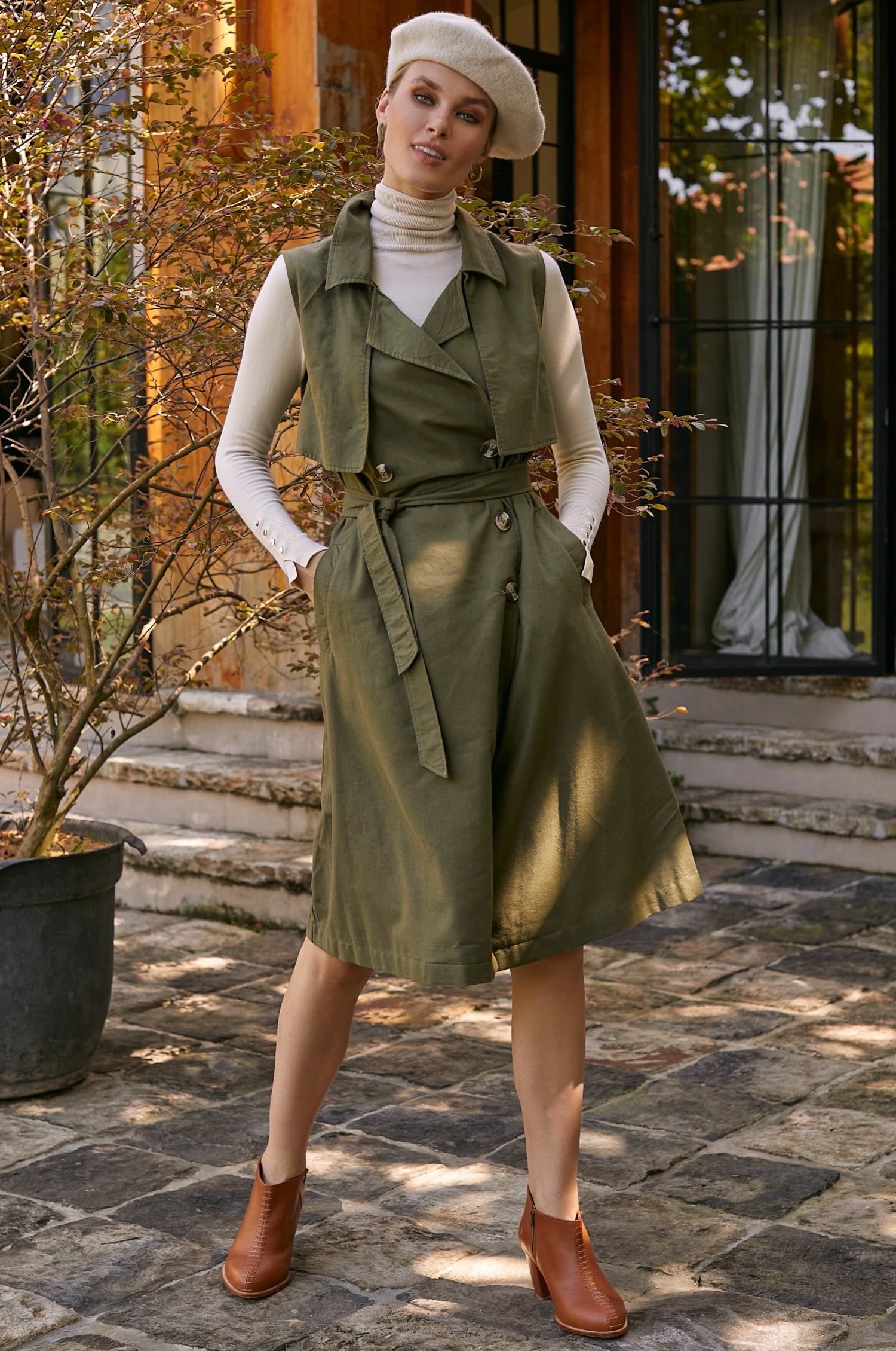 Arden Belted Vest Trench in Olive Green