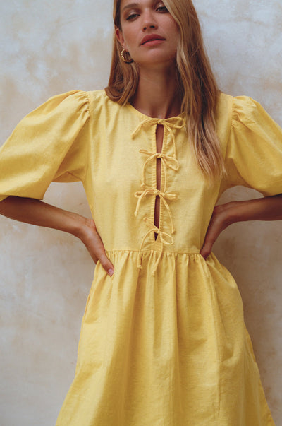 Beatrice Puff Sleeve Linen Mini Dress in Pineapple