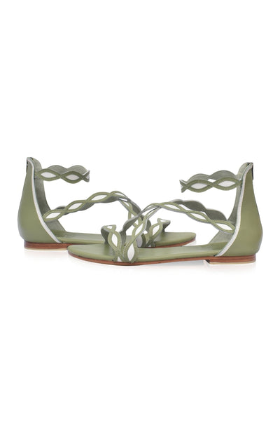 Blossom Leather Sandals in Olive and White
