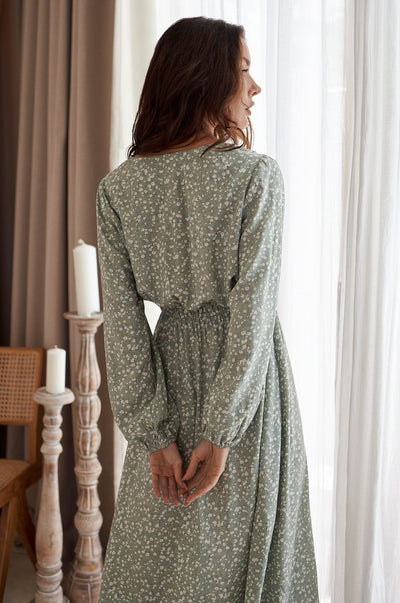 Greta Long Sleeve Midi Dress in Jade Blossom