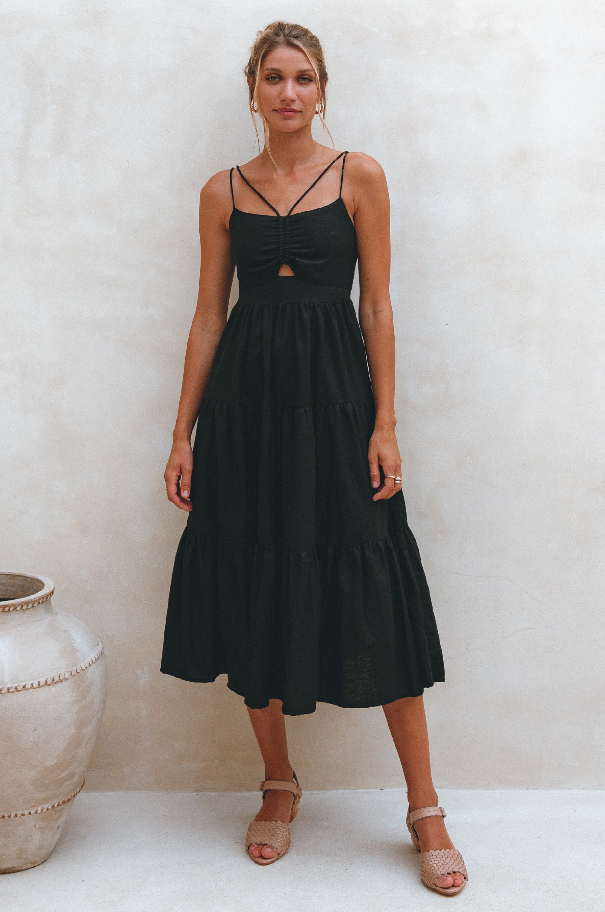 Rafaela Strappy Linen Midi Dress in Black