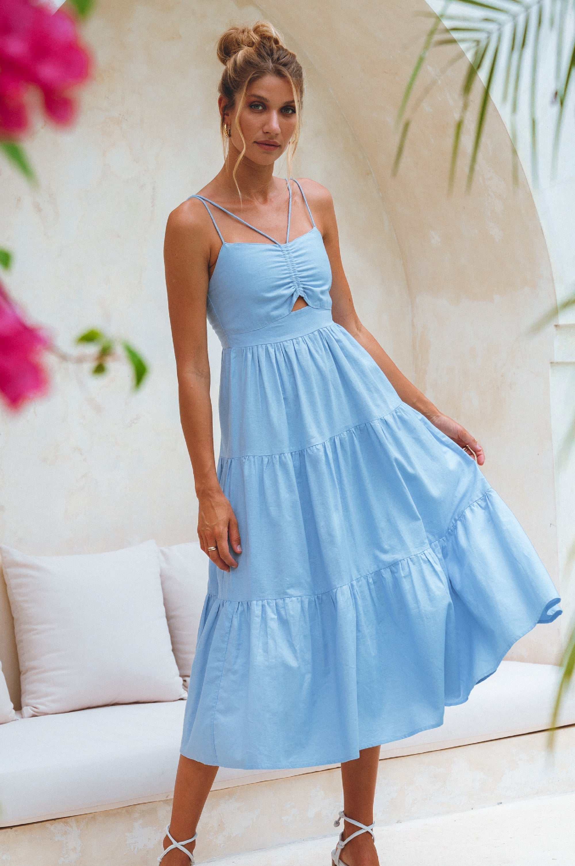 Rafaela Strappy Linen Midi Dress in Crystal Blue
