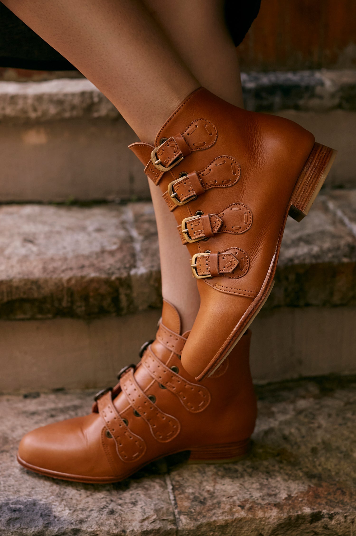 Wild Rose Leather Ankle Booties in Dark Tan