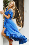 ELF Carmen Wrap Maxi Dress Blue Polka Dot / S