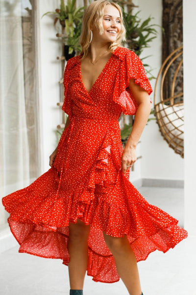 ELF Carmen Wrap Maxi Dress Spotted Red / S