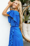 ELF Carmen Wrap Maxi Dress in Blue Polka Dot