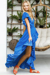 ELF Carmen Wrap Maxi Dress in Blue Polka Dot